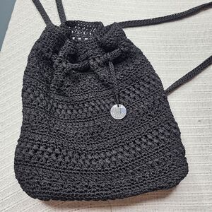 The Sak Backpack Purse Black Crochet  Drawstring EUC Neutral Boho Travel